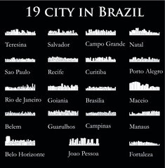 Set of 19 city silhouette in Brazil ( Rio de Janeiro, Salvador, Sao Paulo, Belem, Teresina, Natal, Campo Grande, Recife, Curitiba, Maceio, Goiania, Fortaleza, Manaus, Belo Horizonte, Campinas, )