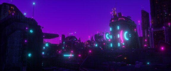 Purple neon night in a cyberpunk city. Futuristic cityscape against blue-purple sky. City of a future with bright neon lights. Grunge urban wallpaper. 3D illustration.