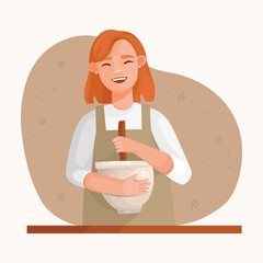 Vector hand-drawn illustration in flat style. A girl in an apron is cooking. Mixes the ingredients in a bowl. Abstract background with leaves. Wooden table. Homemade food, breakfast, cozy atmosphere