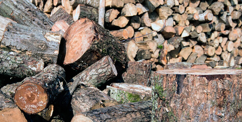 Large rural stack of firewood. Old firewood. Background.