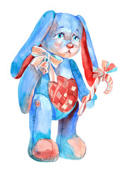 Christmas adorable bunny with candy and bell. Watercolor illustration for printing on clothes, new year banners, postcards