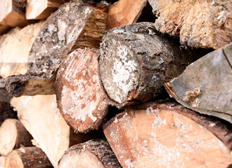 Large rural stack of firewood. Old firewood. Background.