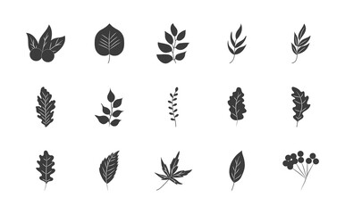 holy berry and autumn leaves icon set, silhouette style