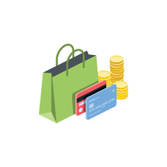Credit debit cards bag purchase. Vector 3d isometric, color web icons set, new flat style. Creative illustration, idea for infographics.