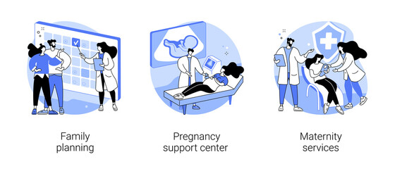 Pregnancy and birth support abstract concept vector illustration set. Family planning, pregnancy support center, maternity services, women healthcare, perinatal care, contraception abstract metaphor.