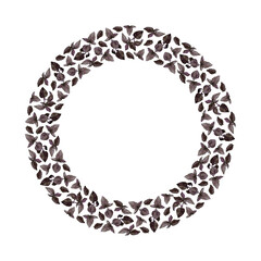Round frame of purple basil twigs and leaves, isolated on white. Watercolour illustration with copy space. For cards, invitations, recipes, menu, cookbook and packaging design.
