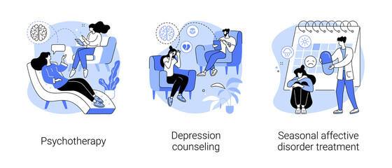 Mental health abstract concept vector illustration set. Psychotherapy, depression counseling, seasonal affective disorder treatment, behavioral cognitive therapy, private session abstract metaphor.