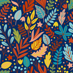 Seamless pattern with colorful autumn leaves and berries. Vector illustration.