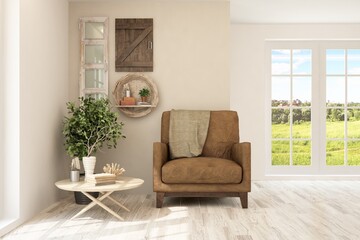 Fototapeta premium White living room with armchair and green landscape in window. Scandinavian interior design. 3D illustration