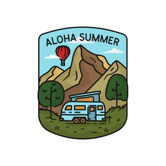 Aloha summer logo, camping adventure emblem design with mountains, RV trailer and trees. Unusual line art retro style sticker. Stock vector