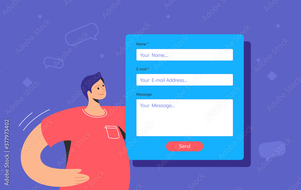 Aufkleber contact and feedback blank form. flat teenage man standing alone and looking at website contact empt