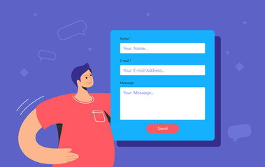 Contact and feedback blank form. Flat teenage man standing alone and looking at website contact empty form. Sending a message via feedback form template design on blue background