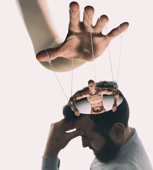 Marionette in human head. Concept of mind control. Image - obrazy, fototapety, plakaty