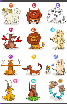 horoscope zodiac signs set with comic dog characters