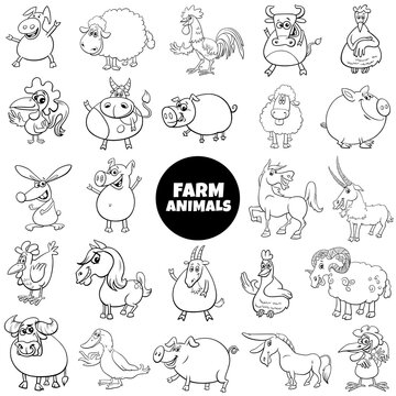 black and white cartoon farm animal characters big set