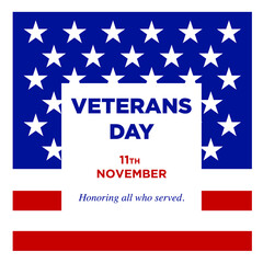 Veterans Day lettering with USA flag illustration. November 11 holiday background. Celebration poster with stars and stripes. Greeting card in vector.