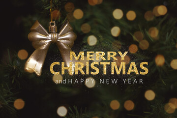 Beautiful Christmas fur-tree decorated with New Year's toy and text Merry Christmas and Happy New...