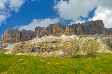 Mountain landscape along the road to Pordoi pass, Dolomites