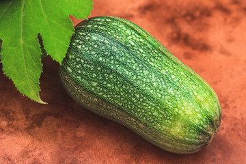 Small young zucchini with a leaf from its own garden on brown background close-up