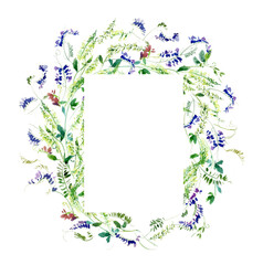 Fototapeta premium Summer Field Flowers with Sweet Peas Wreath - Floral Watercolor Frame Good for Invitations and Greeting cards. 