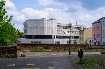 Fototapeta na wymiar Streets of Trutnov with communist building, Czech Republic