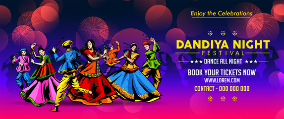 Vector design of Indian couple playing Garba in Dandiya Night  in disco  poster forNavratri Dussehra festival of India Invitation Card Background.