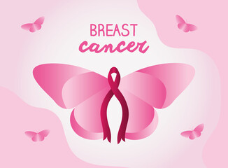 breast cancer design with ribbon and butterflies around