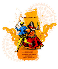 Vector design of Indian couple playing Garba in Dandiya Night  in disco  poster forNavratri Dussehra festival of India Invitation Card Background.