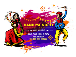 Vector design of Indian couple playing Garba in Dandiya Night  in disco  poster forNavratri Dussehra festival of India Invitation Card Background.