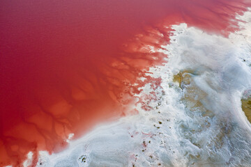 Top view of the salt-covered shore of Pink Lake.