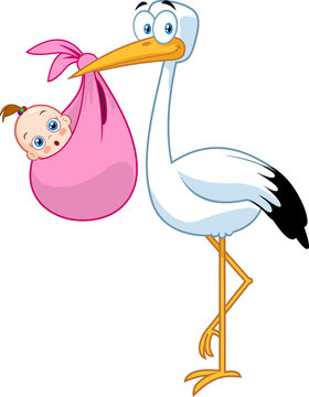 Stork Delivering A Newborn Baby Girl. Vector Illustration Isolated On White Background