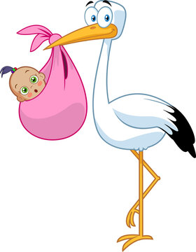Stork Delivering A Newborn African American Baby Girl. Vector Illustration Isolated On White Background