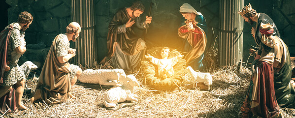 Statue of the nativity of the baby jesus Our Lady and Joseph are by your side. Birth of Jesus. Pure love without conditions. Christians all over the world delight in this nativity scene. on christmas