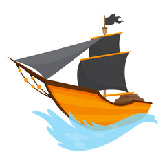 Stylized cartoon pirate ship illustration with black sails. Cute vector drawing. Pirate Ship sailing on water