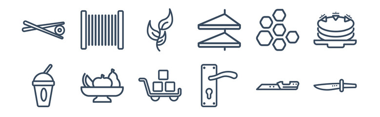 12 pack of icons. thin outline icons such as knifes, hotel service, fruit salad, honeycombs, herb, fishing line for web and mobile apps, logo