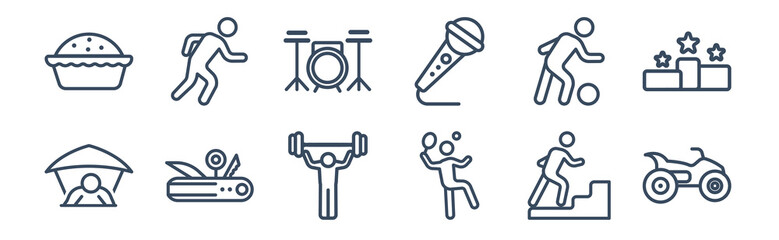 Obraz premium 12 pack of icons. thin outline icons such as quad, badminton, multitool, sports, drum set, running man for web and mobile apps, logo