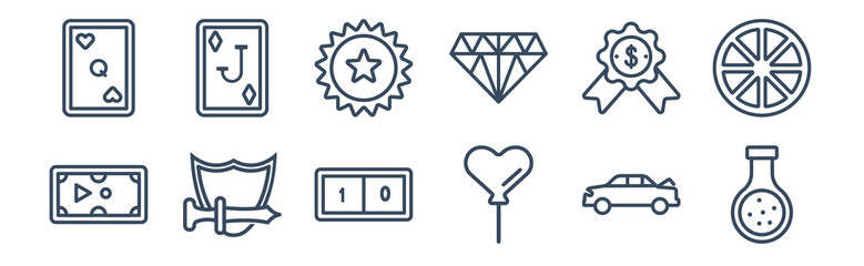 12 pack of icons. thin outline icons such as potions, balloon hearts, role playing game, money award, bonus, jack of clubs for web and mobile apps, logo