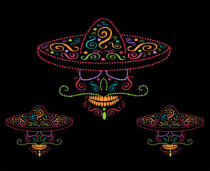 Mexican skulls with sombrero, Day of the dead colorful background	