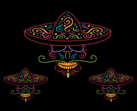 Mexican skulls with sombrero, Day of the dead colorful background	