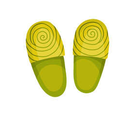 Home footwear slippers. Soft comfortable slip on shoe for home. Pair slippers, textile domestic outfit element or garment shoes soft fabric