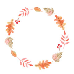 Fototapeta na wymiar watercolor autumn leaves round wreath isolated on white background. Oak leaf, red rowan branch frame for greeting cards and invitations design