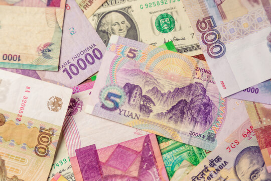 Different money background. 5 yuan in center