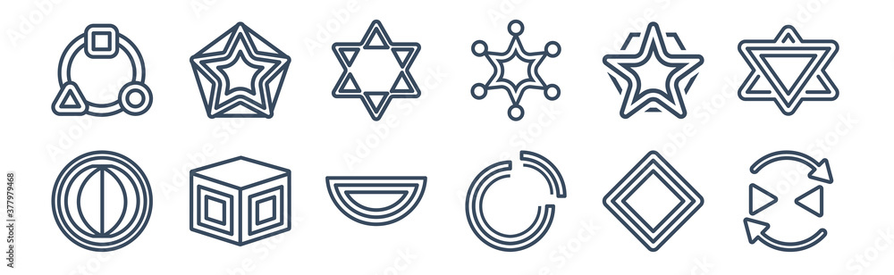 Poster 12 pack of icons. thin outline icons such as reflection, segment, side to side of a cube, star in he