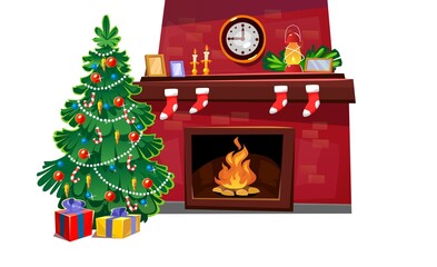 Merry Christmas cartoon vector illustration with decorated Christmas tree and fireplace. Cozy winter holiday elements isolated on white background for invitations,banners, advertising or greeting card