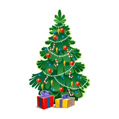 Colorful Christmas tree with presents isolated on white background. Cartoon decorated Christmas icon. Vector winter holiday illustration for brochure, greeting card, advertising etc