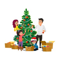 Happy smiling family decorating Christmas tree. Mother, father, son and daughter isolated on white background in flat cartoon style.Parents and children Christmas characters joyful Vector illustration