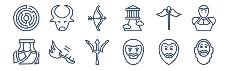 12 pack of icons. thin outline icons such as socrates, plato, hermes, caduceus, artemis, minotaur for web and mobile apps, logo
