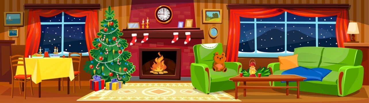 Christmas living room cozy interior in cartoon flat style. Fireplace, Christmas tree, Christmas dinner and furniture. Peaceful holiday vector illustration. Christmas evening celebration