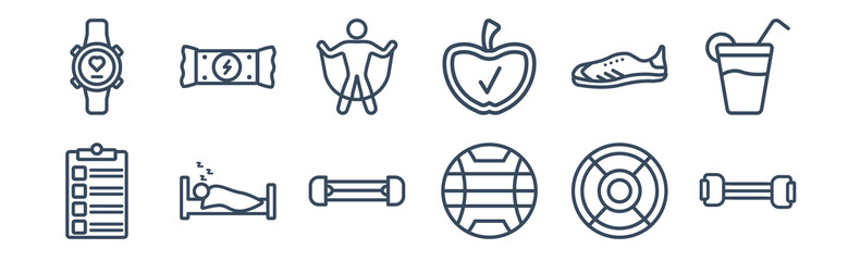 12 pack of icons. thin outline icons such as chest expanders, power ball, sleep, trainers, skip rope, energy snack for web and mobile apps, logo