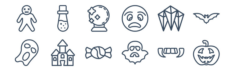12 pack of icons. thin outline icons such as pumpkin face, ghosts, haunted house, crystals, future, flask bottle for web and mobile apps, logo